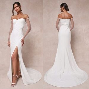 NWT Lulu’s Eternally Beloved Mesh Off-the-Shoulder Pearl Wedding Dress Small